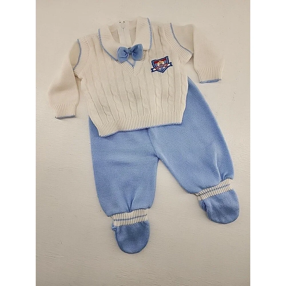 Vtg Baby Boy Knit Outfit Bow Tie University Blue White Sweater Footie‎ Pants 3/6